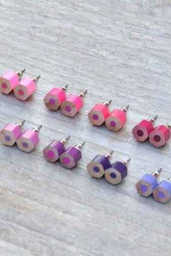 Color Pencil Earring Studs, The Hexagon Version In Pink & Purple, Handmade In England By Huiyi Tan