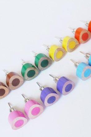 Color Pencil Ear Studs, Triangle Pencil Jewelry In Candy Colors, Handmade In England By Huiyi Tan