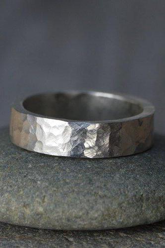 Hammered Effect Wedding Band in Sterling Silver With Personalized Message Inside, 5mm Wide Rustic Wedding Ring