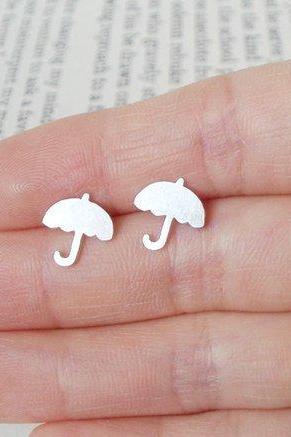 Umbrella Earring Studs In Sterling Silver, British Umbrella Earring Studs, English Weather Jewelry, Handmade In England