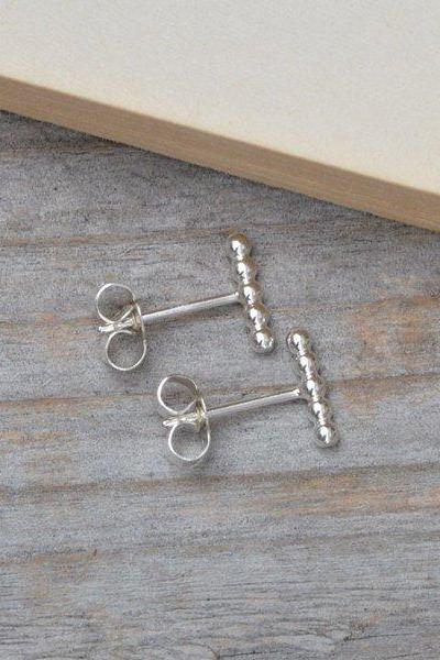 Beaded Stick Earring Studs In Sterling Silver, Simple Stick Earring Studs Handmade In England