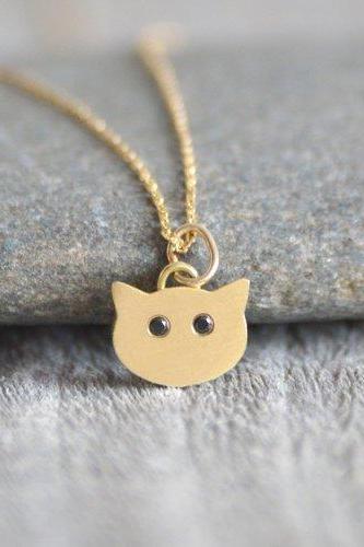 Cat Necklace With Diamond Eyes, Kitten Necklace In 18K Yellow Gold With Diamond Eyes, Handmade In The UK