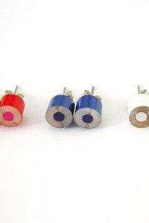 Color Pencil Ear Studs, Country Flags (Brazil, Germany, Spain, USA, Canada, UK, AUS, England, Japan) Pencil Jewelry Handmade In England