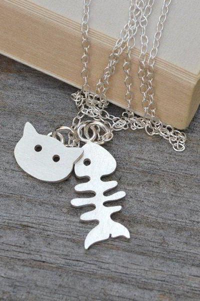 Fishbone And Cat Necklace In Sterling Silver, Handmade In England