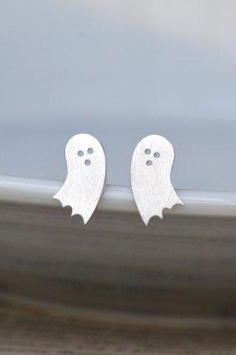 Little Ghost Earring Studs In Sterling Silver, Halloween Earring Studs, Handmade In England