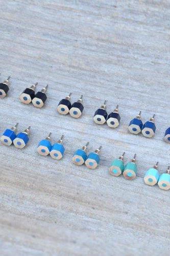 Blue Color Pencil Ear Studs, Blue Earring Stud, 14 Shades Of Blue, Handmade In England