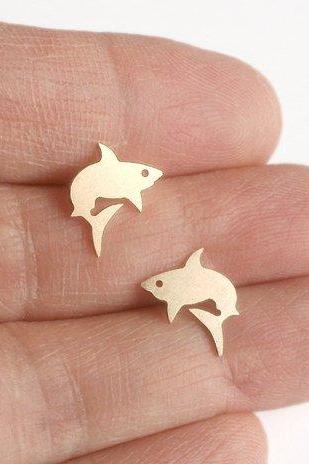 Shark Earring Studs In 9ct Yellow Gold, Animal Earring Studs Handmade In The UK