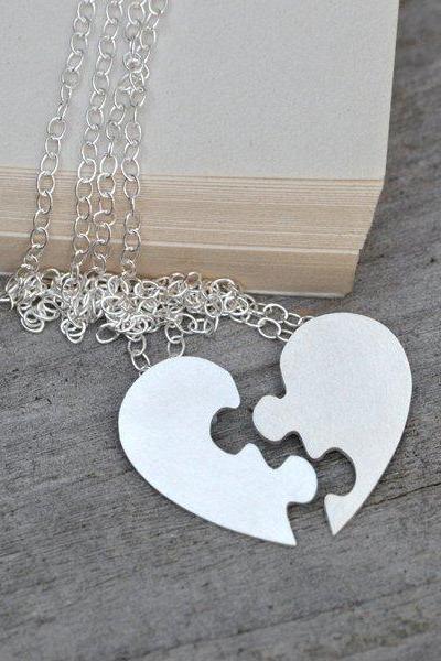 Puzzle Heart Necklace, Interlocking Jigsaw Puzzle Heart, Lover&amp;amp;#039;s Necklace, With Personalized Message In Sterling Silver Handmade