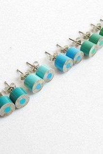 Color Pencil Ear Studs, The Green And Blue Series Pencil Jewelry Handmade In England By Huiyi Tan