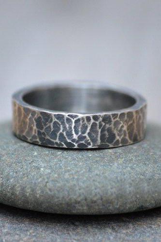 Oxidised Hammered Effect Wedding Band In Sterling Silver With Personalized Message Inside, 5.5mm Wide Rustic Wedding Ring