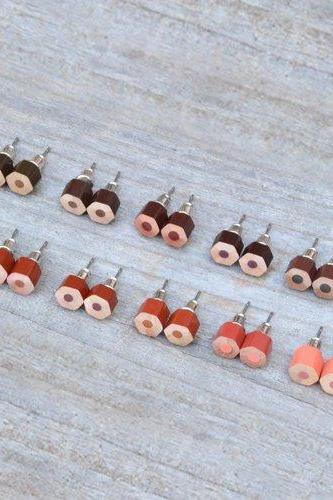 Brown Colour Pencil Ear Studs, Pencil Earring Stud, Handmade In England