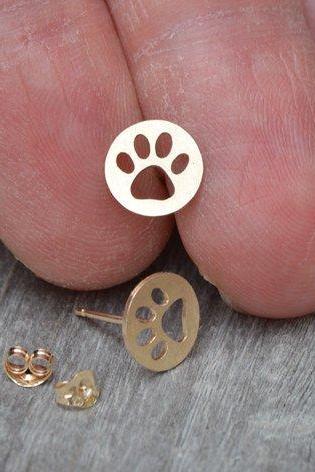 Hollow Pawprint Earring Studs In 9ct Yellow Gold, Pet's Pawprint Earring Studs, Handmade In England