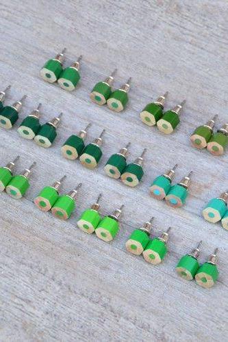 Green Color Pencil Ear Studs, Green Earring Stud, 18 Shades Of Green, Handmade In England