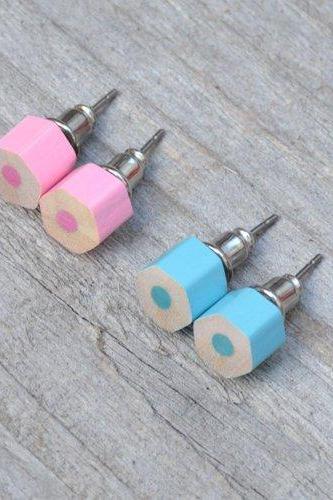 Baby Blue Colour Pencil Ear Studs and Baby Pink Pencil Stud Earrings, Handmade In England By Huiyi Tan