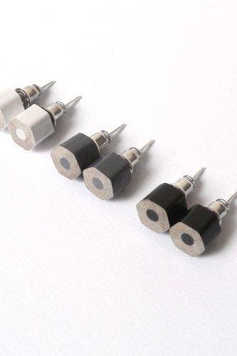 Color Pencil Earring Studs, The Hexagon Version In Black And White, Pencil Jewelry Handmade In England by Huiyi Tan