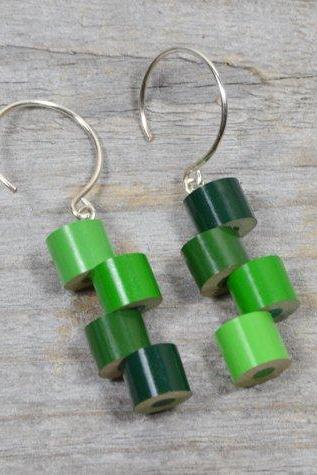 Color Pencil Earrings, Color Theme: Spring, A String Of Green Pencil Jewelry Handmade In The UK