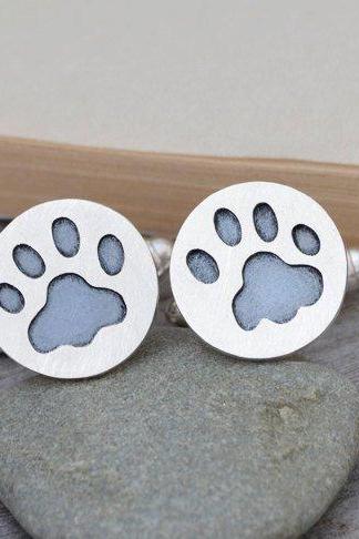 Custom Made Pawprint Cufflinks In Sterling Silver, With Personalized Message On The Back, Handmade In The UK