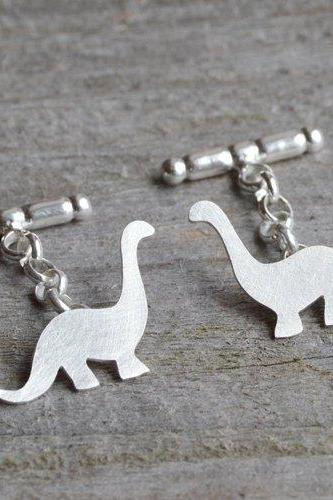 Dinosaur Cufflinks In Sterling Silver, Brontosaurus Cufflinks With Personalized Message, Handmade In UK