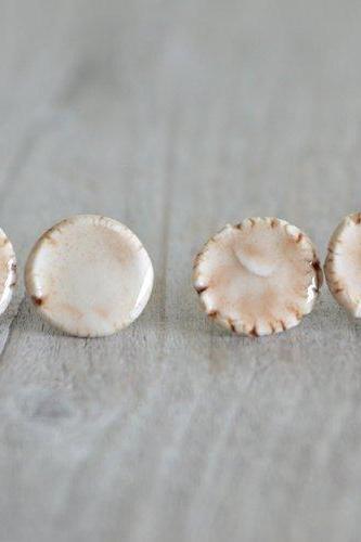 Round Porcelain Stud Earrings In Ivory And Brown, All One Of A Kind, Handmade In The UK