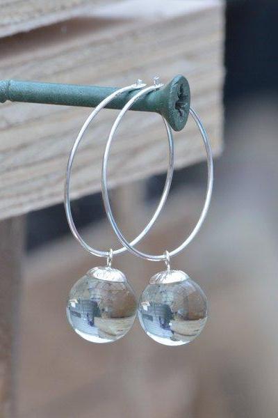 Glass Ball Dangle Earrings With Sterling Silver Hoops, Bridal Earrings, Large, Handmade In England