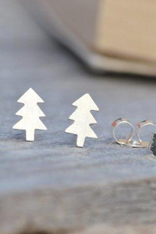 Christmas Tree Ear Studs In Sterling Silver, Winter Earring Studs, Xmas Tree Earring Studs, Handmade In England