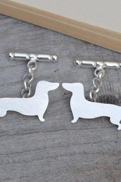 Dachshund Cufflinks In Sterling Silver, Sausage Dog Cufflinks With Personalized Message On The Backs, Handmade In The UK