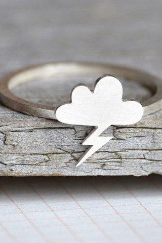 Lightning Cloud Ring In Sterling Silver, Weather Forecast Ring, Handmade In England