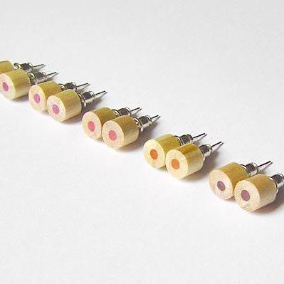 Wooden Color Pencil Ear Studs, The Reddish Series Pencil Jewelry Handmade In England By Huiyi Tan