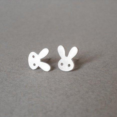 Bunny Rabbit Earring Studs With Straight Ears In Sterling Silver, Handmade In England